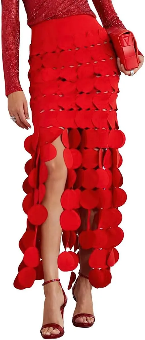 ebossy Women Flowy Polka Dot Fringe Long Skirt High Waist A Line Tassel Trim Cocktail Party Midi Skirt