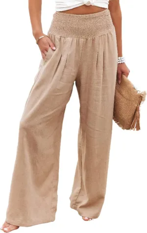ebossy Women's Cotton Linen Casual Pants Wide Leg High Waist Long Palazzo Trousers with Pockets