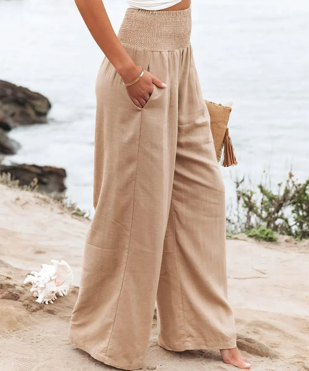 ebossy Women's Cotton Linen Casual Pants Wide Leg High Waist Long Palazzo Trousers with Pockets