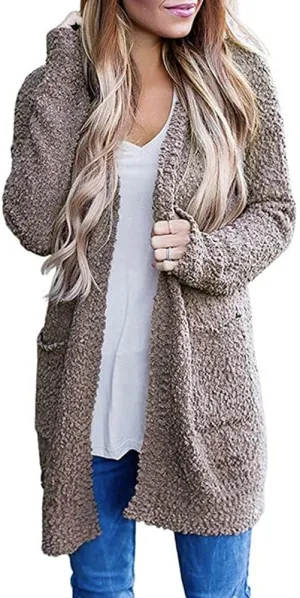 ebossy Women's Fuzzy Popcorn Casual Open Front Cardigan Long Sleeve Chunky Knit Sweater Outwear Coat with Pockets
