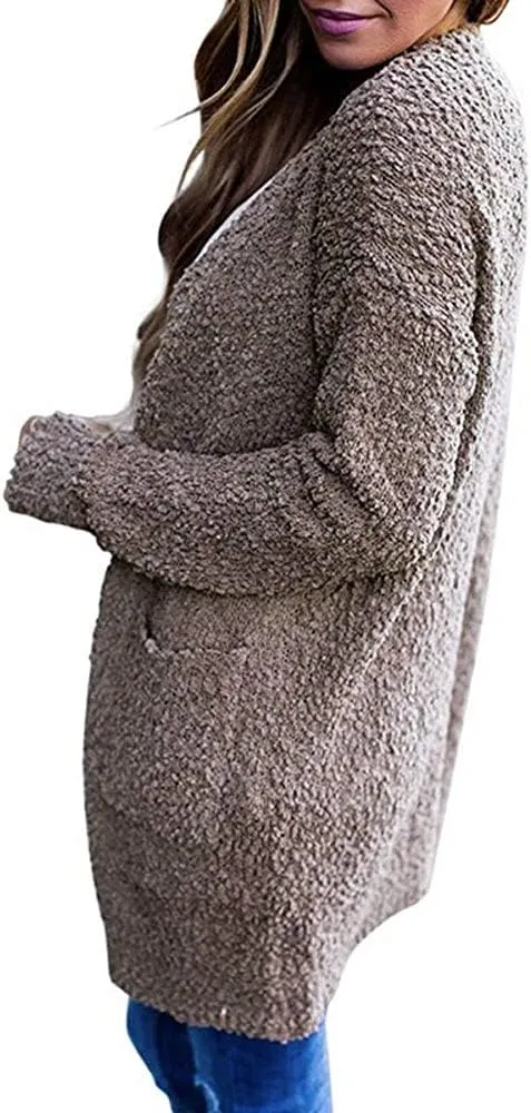 ebossy Women's Fuzzy Popcorn Casual Open Front Cardigan Long Sleeve Chunky Knit Sweater Outwear Coat with Pockets