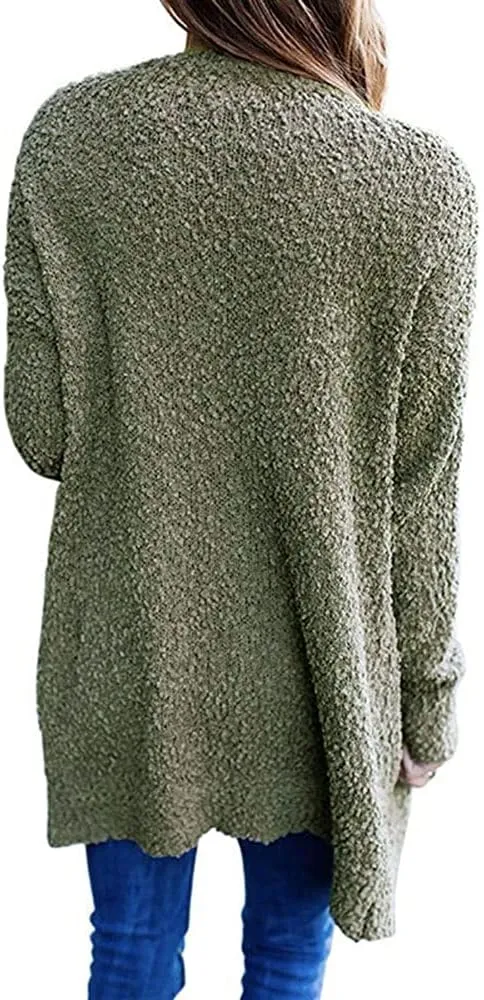 ebossy Women's Fuzzy Popcorn Casual Open Front Cardigan Long Sleeve Chunky Knit Sweater Outwear Coat with Pockets