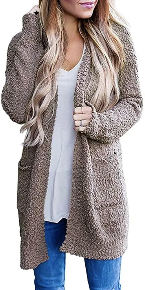 ebossy Women's Fuzzy Popcorn Casual Open Front Cardigan Long Sleeve Chunky Knit Sweater Outwear Coat with Pockets
