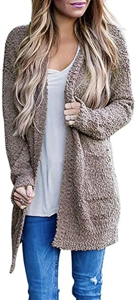 ebossy Women's Fuzzy Popcorn Casual Open Front Cardigan Long Sleeve Chunky Knit Sweater Outwear Coat with Pockets
