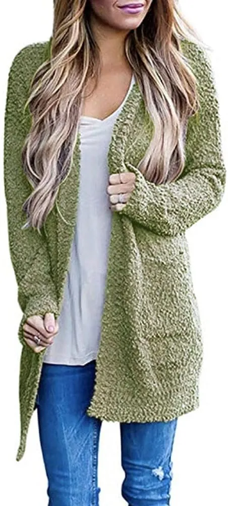 ebossy Women's Fuzzy Popcorn Casual Open Front Cardigan Long Sleeve Chunky Knit Sweater Outwear Coat with Pockets