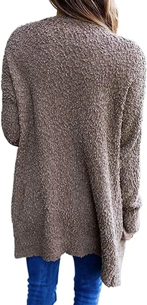 ebossy Women's Fuzzy Popcorn Casual Open Front Cardigan Long Sleeve Chunky Knit Sweater Outwear Coat with Pockets