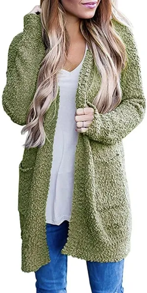 ebossy Women's Fuzzy Popcorn Casual Open Front Cardigan Long Sleeve Chunky Knit Sweater Outwear Coat with Pockets