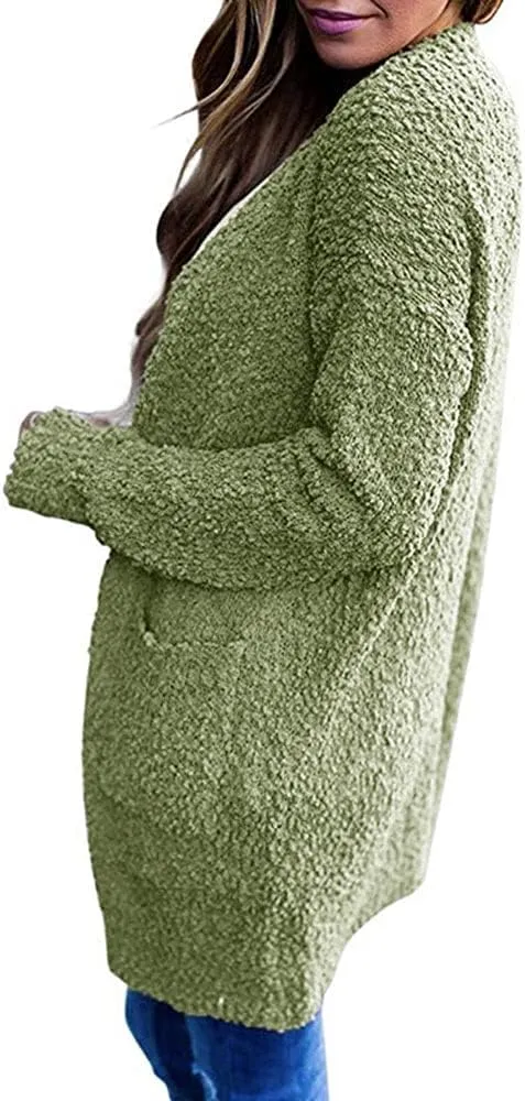 ebossy Women's Fuzzy Popcorn Casual Open Front Cardigan Long Sleeve Chunky Knit Sweater Outwear Coat with Pockets