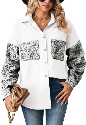 ebossy Women's Spliced Leopard Print Denim Shirt Button Down Casual Jean Jacket Top