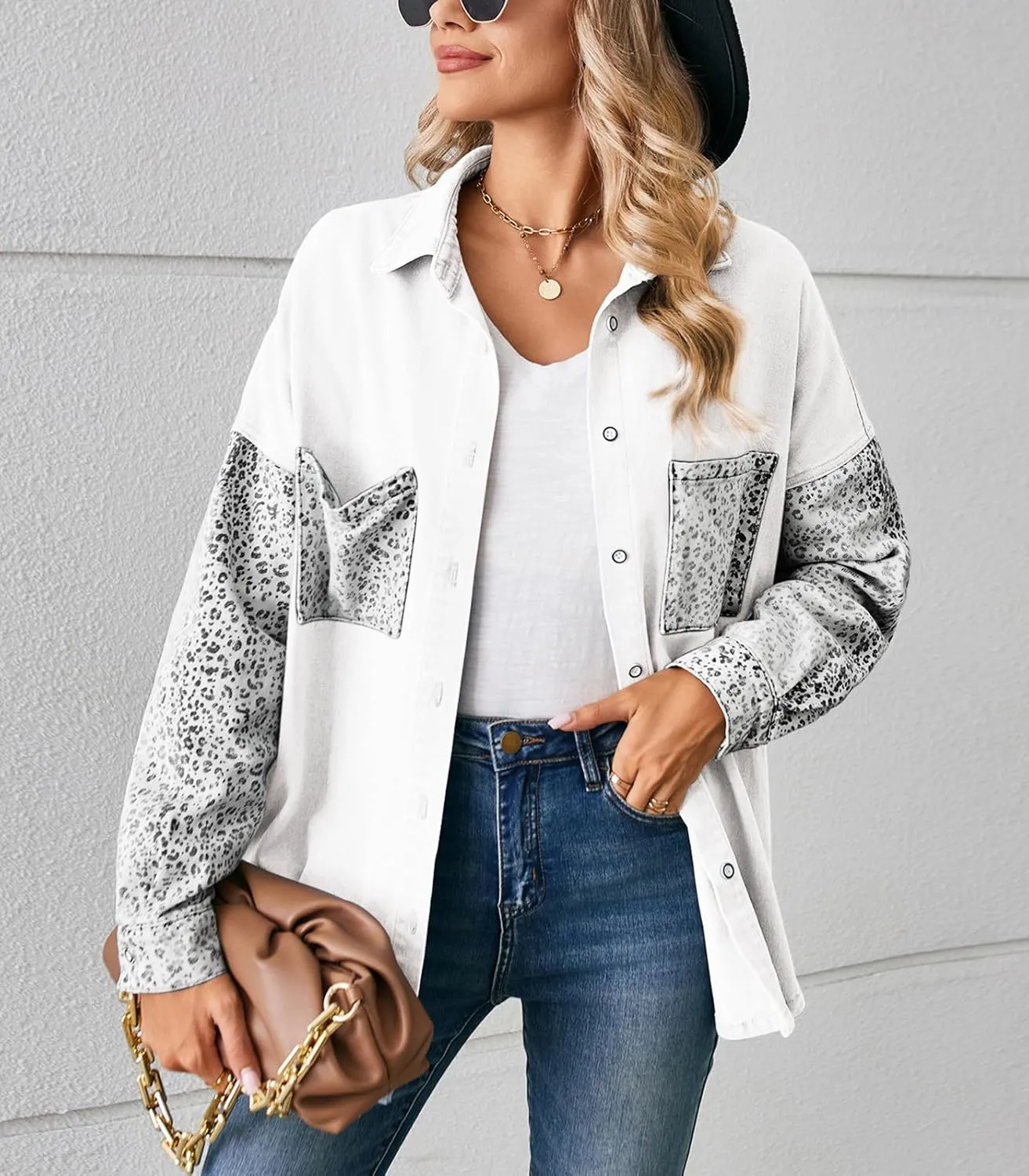 ebossy Women's Spliced Leopard Print Denim Shirt Button Down Casual Jean Jacket Top