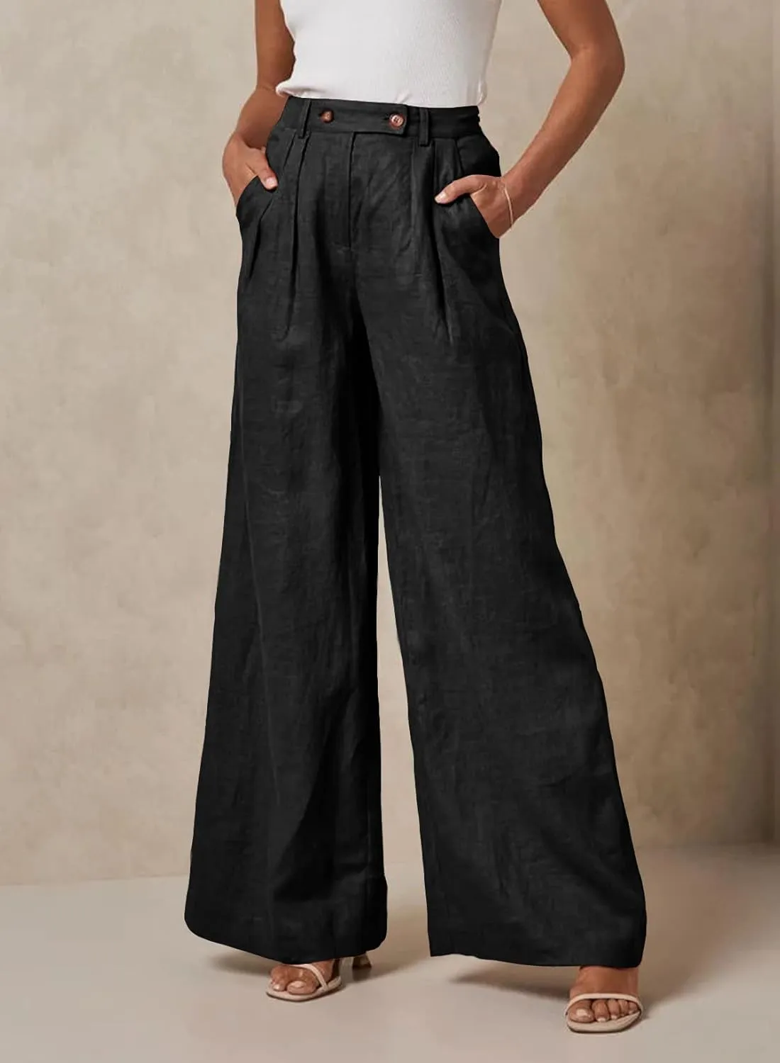 EVALESS Wide Leg Linen Pants for Women 2024 Summer Casual Elastic High Waisted Palazzo Pants Flowy Trousers with Pockets