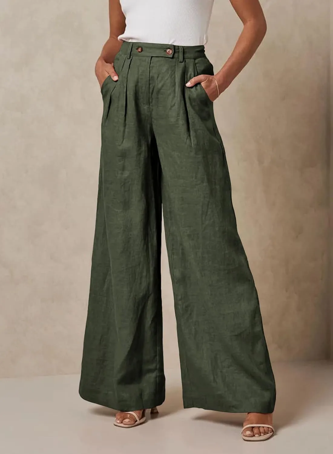 EVALESS Wide Leg Linen Pants for Women 2024 Summer Casual Elastic High Waisted Palazzo Pants Flowy Trousers with Pockets