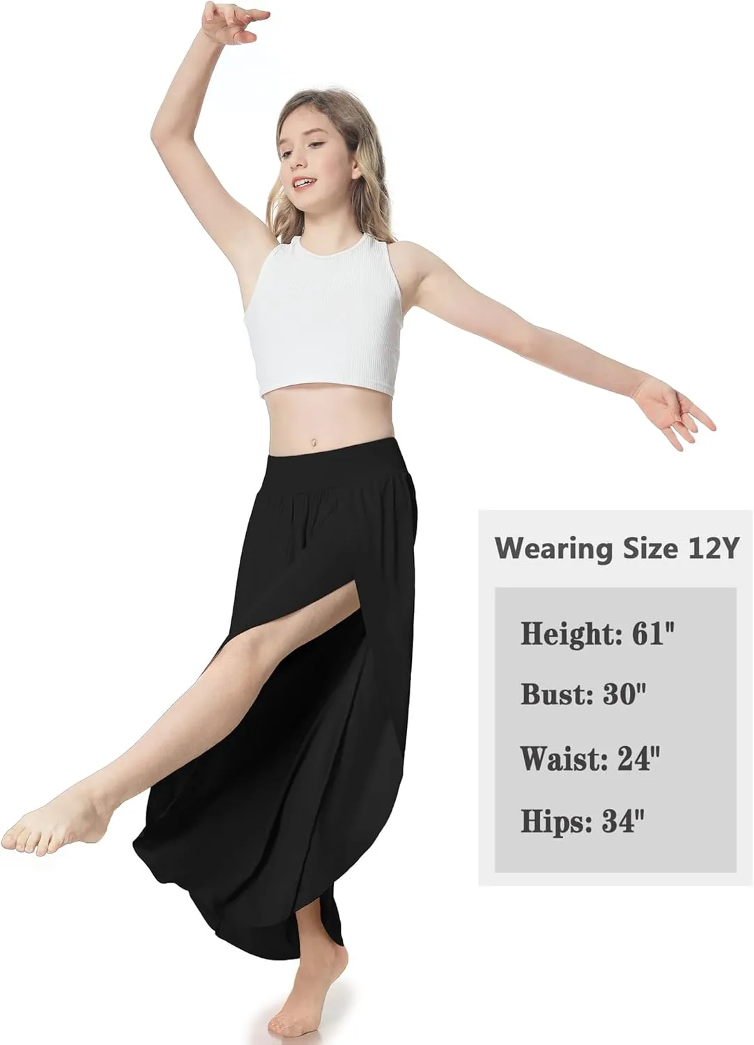 EXARUS Girls Flowy Pants Dance Palazzo Wide Leg Split High Waisted Trousers Casual for Kids 6-12Y