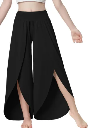 EXARUS Girls Flowy Pants Dance Palazzo Wide Leg Split High Waisted Trousers Casual for Kids 6-12Y