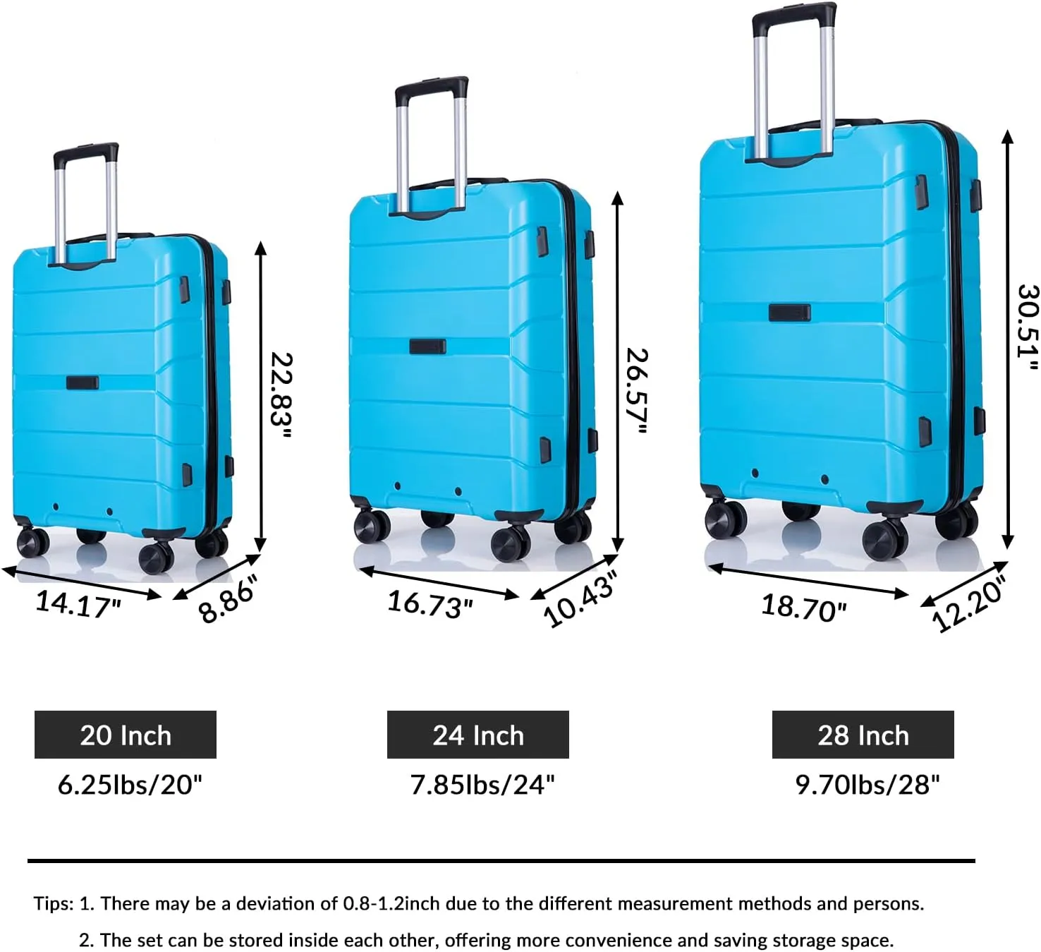 Expandable Hard Shell Luggage Sets with Spinner Wheels - 100% PP 3 Piece Suitcase Set - for Hassle-Free Travel (Light Blue)