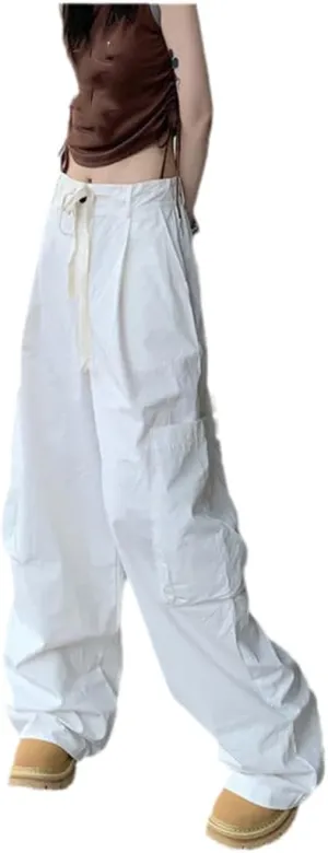 Fjnbbiot High Wasit Straight Cargo Pants Women High Street Slim Drawstring Wide Leg Pant Summer Casual Trousers