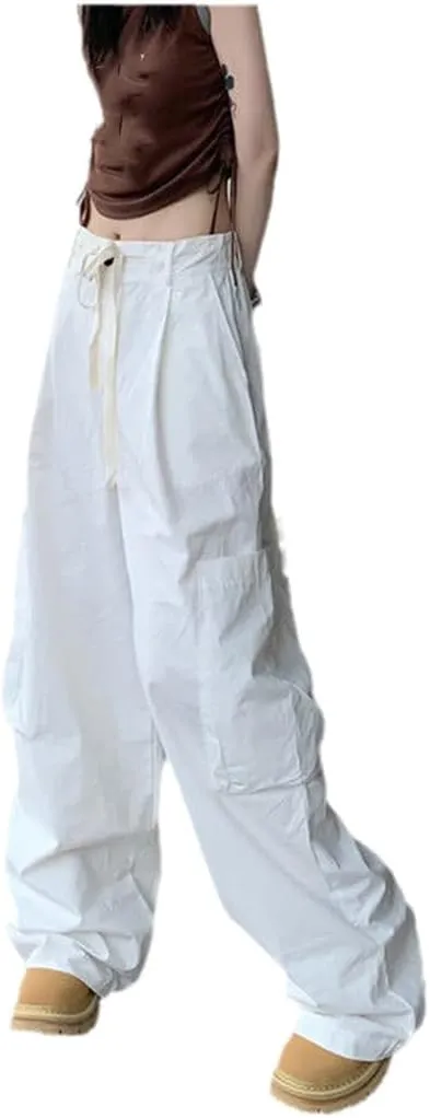Fjnbbiot High Wasit Straight Cargo Pants Women High Street Slim Drawstring Wide Leg Pant Summer Casual Trousers