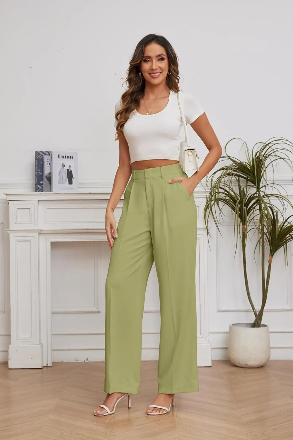 FUNYYZO Women Suit Pants Wide Leg Pants High Elastic Waisted in The Back Business Work Trousers Long Straight