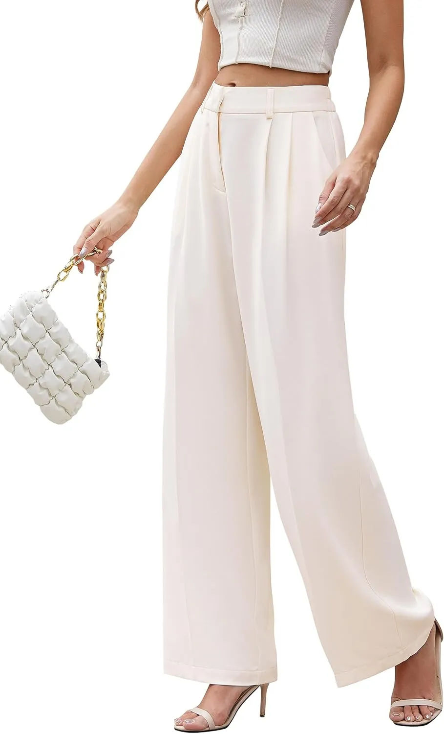 FUNYYZO Women Suit Pants Wide Leg Pants High Elastic Waisted in The Back Business Work Trousers Long Straight