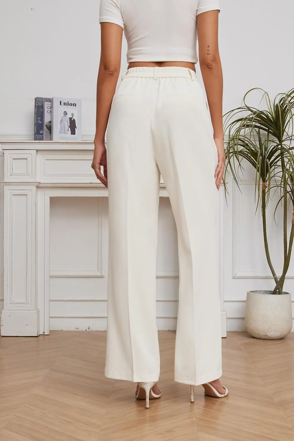 FUNYYZO Women Suit Pants Wide Leg Pants High Elastic Waisted in The Back Business Work Trousers Long Straight