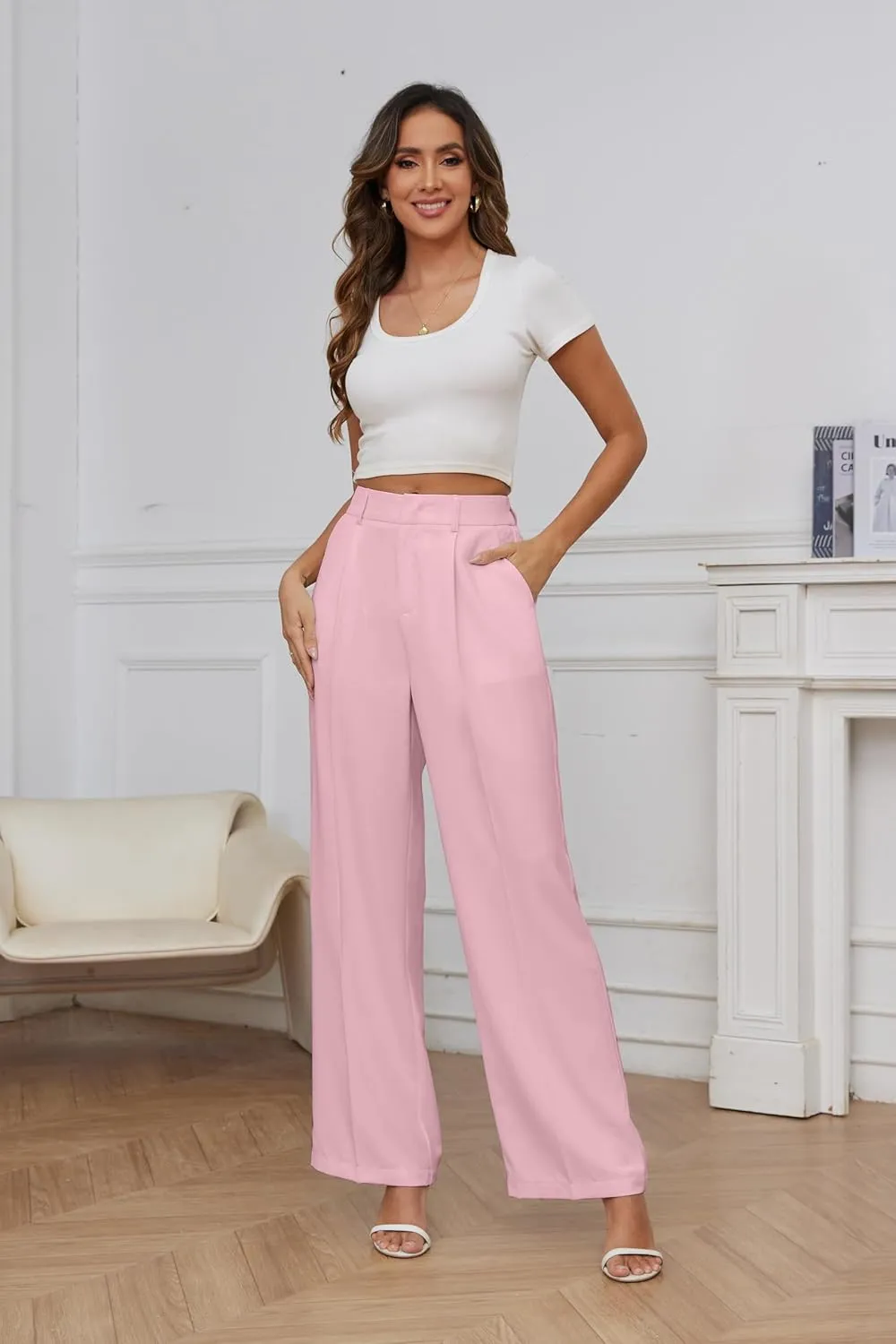 FUNYYZO Women Suit Pants Wide Leg Pants High Elastic Waisted in The Back Business Work Trousers Long Straight