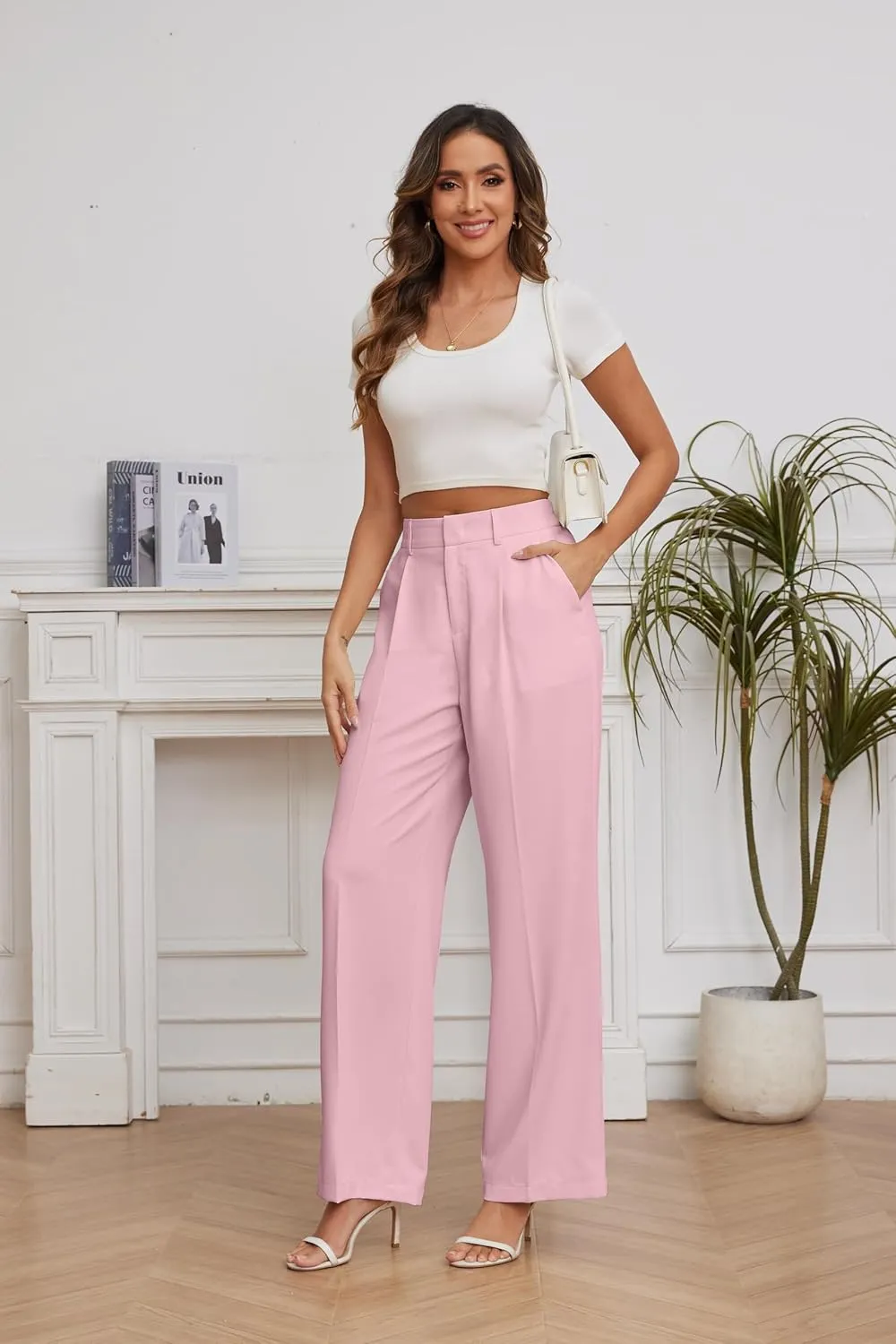 FUNYYZO Women Suit Pants Wide Leg Pants High Elastic Waisted in The Back Business Work Trousers Long Straight