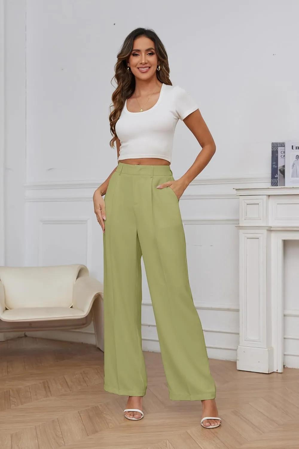 FUNYYZO Women Suit Pants Wide Leg Pants High Elastic Waisted in The Back Business Work Trousers Long Straight