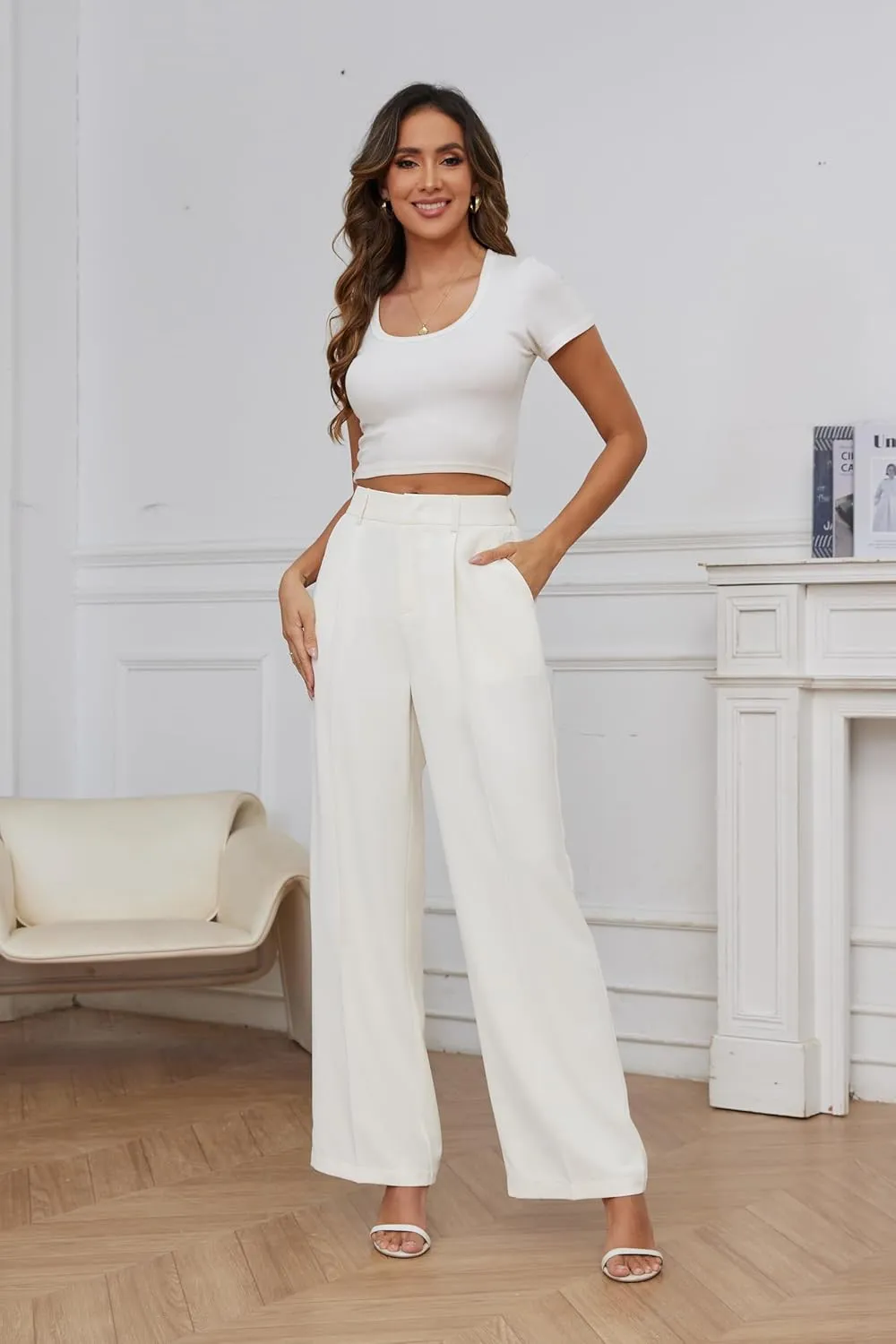 FUNYYZO Women Suit Pants Wide Leg Pants High Elastic Waisted in The Back Business Work Trousers Long Straight