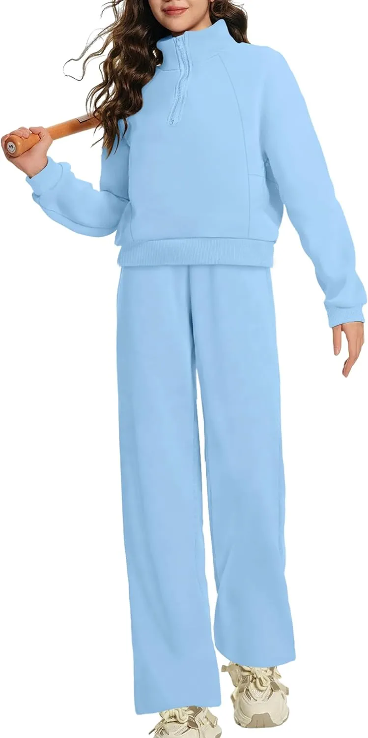 Girls Clothes 7-14Y Solid Color Half Zip Pullover Sweatshirt Fleece Lined Kids Sweatpants