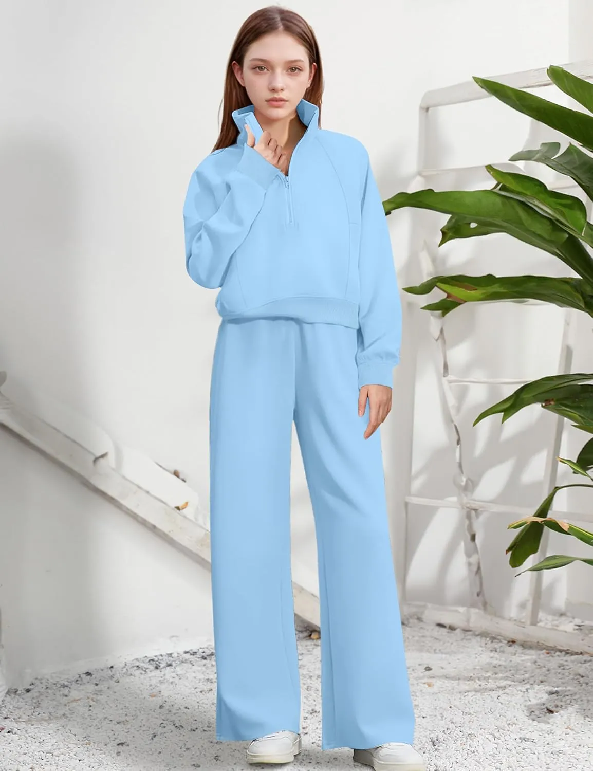 Girls Clothes 7-14Y Solid Color Half Zip Pullover Sweatshirt Fleece Lined Kids Sweatpants