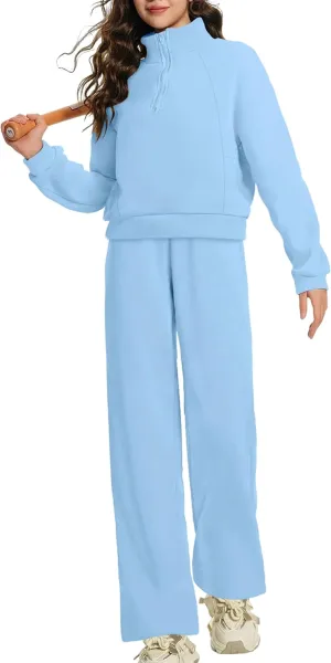 Girls Clothes 7-14Y Solid Color Half Zip Pullover Sweatshirt Fleece Lined Kids Sweatpants