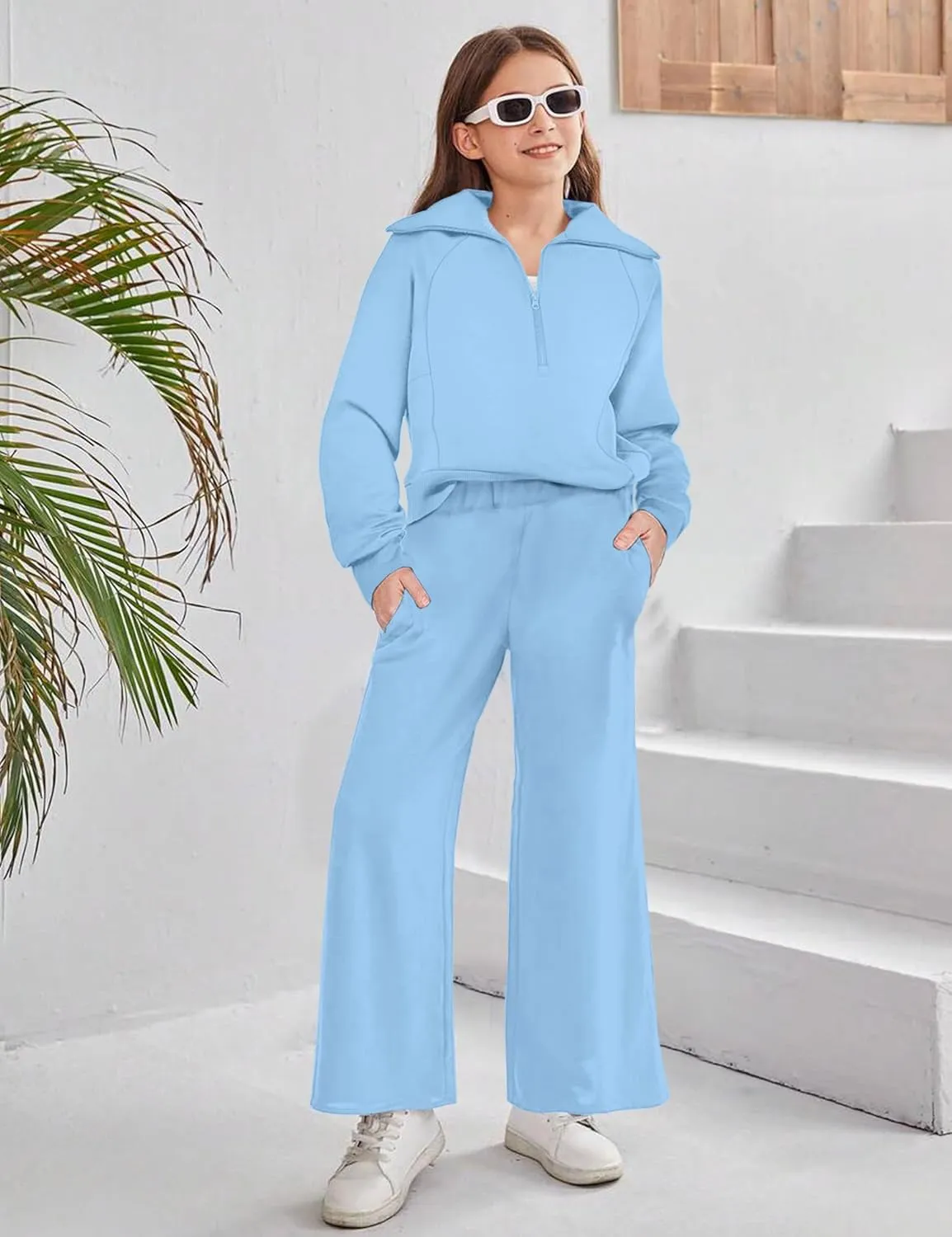 Girls Clothes 7-14Y Solid Color Half Zip Pullover Sweatshirt Fleece Lined Kids Sweatpants