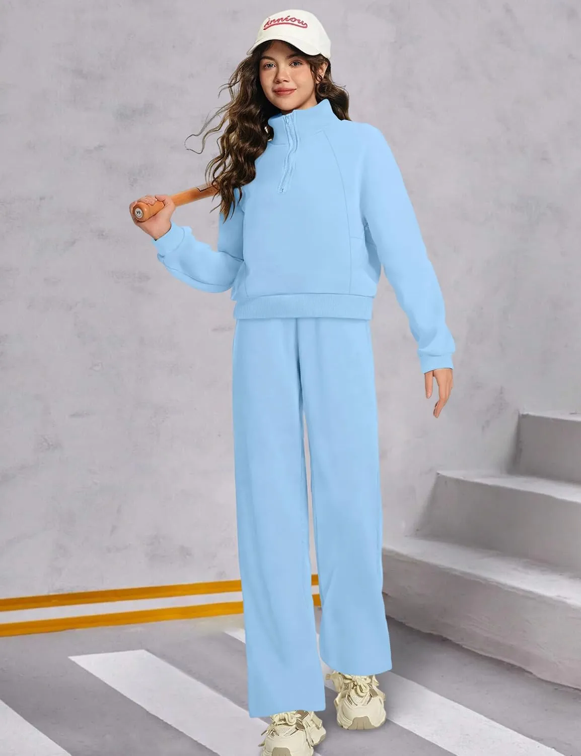 Girls Clothes 7-14Y Solid Color Half Zip Pullover Sweatshirt Fleece Lined Kids Sweatpants
