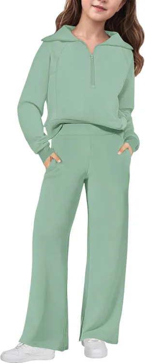 Girls' Half Zip Pullover Sweatshirt and Sweatpants Outfit - Solid Color, Size 10-12, Fleece Lined