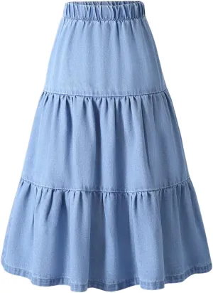 GORGLITTER Girl's Ruffle Denim Skirt High Waisted A Line Midi Jean Skirts