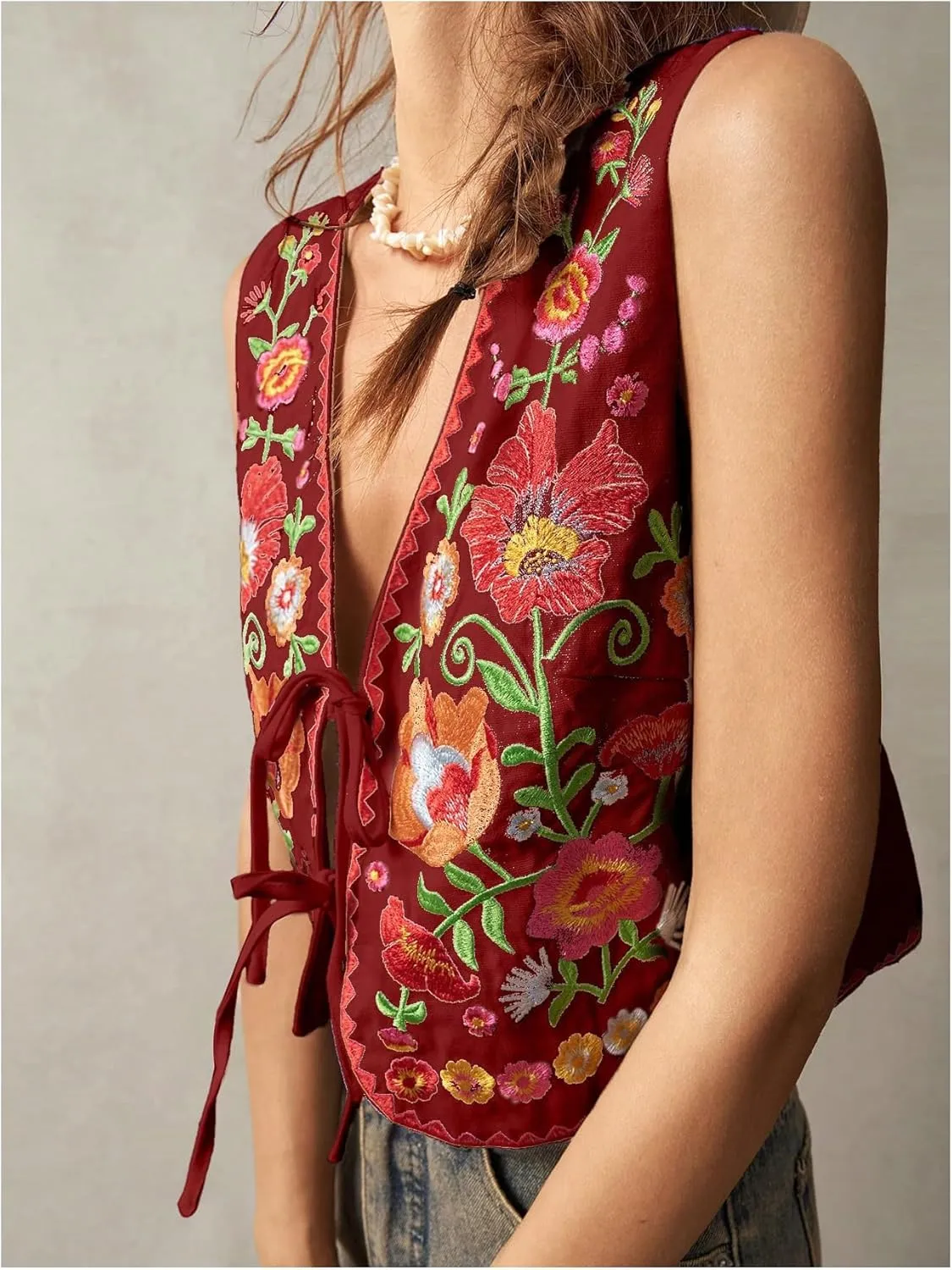 GORGLITTER Women's Tie Front Embroidered Floral Vest Tops Sleeveless Cardigan Boho Western Outfits
