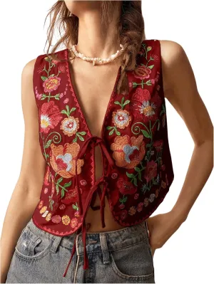 GORGLITTER Women's Tie Front Embroidered Floral Vest Tops Sleeveless Cardigan Boho Western Outfits