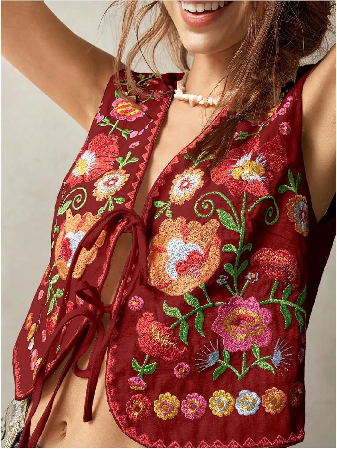GORGLITTER Women's Tie Front Embroidered Floral Vest Tops Sleeveless Cardigan Boho Western Outfits