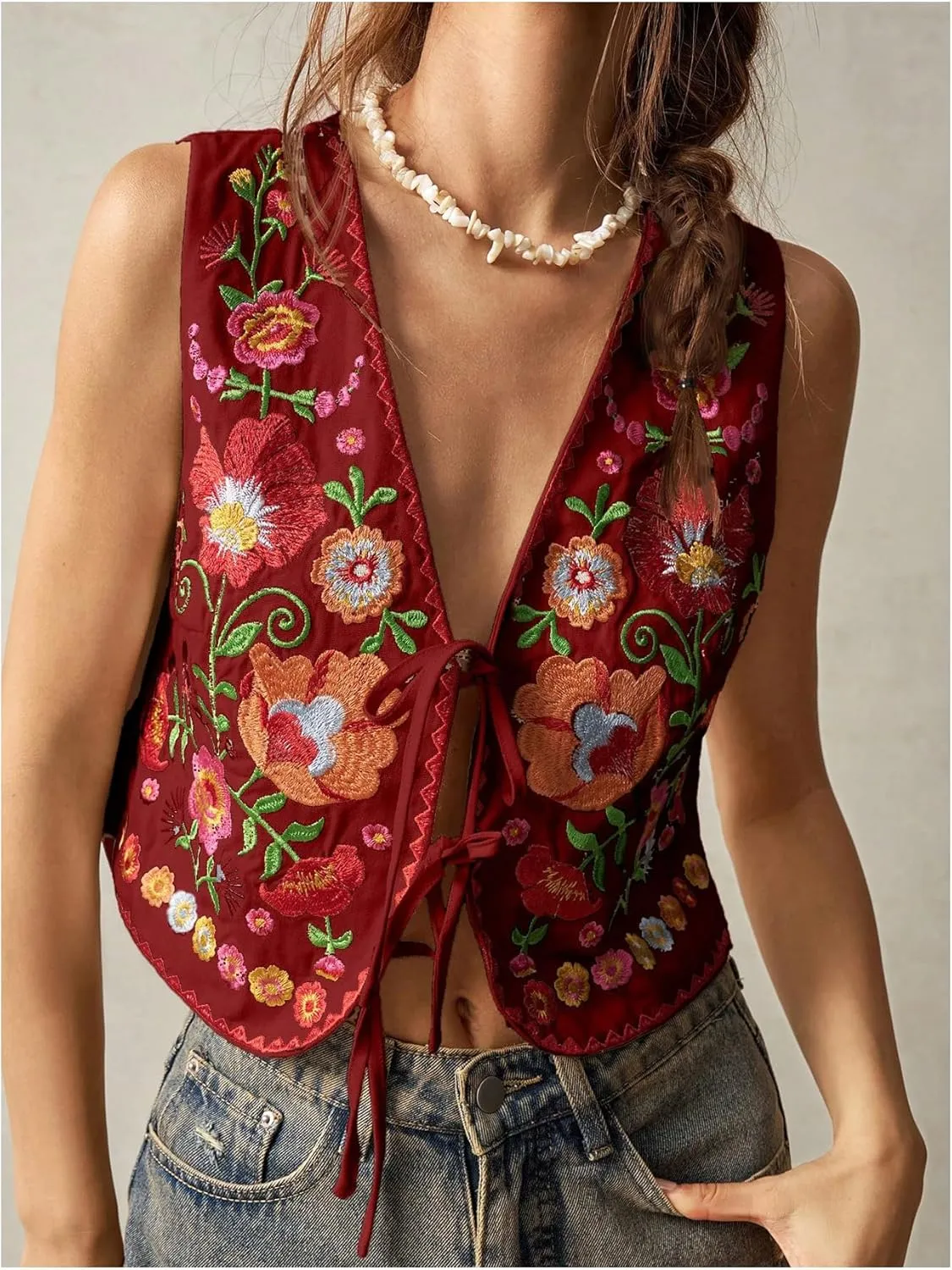 GORGLITTER Women's Tie Front Embroidered Floral Vest Tops Sleeveless Cardigan Boho Western Outfits