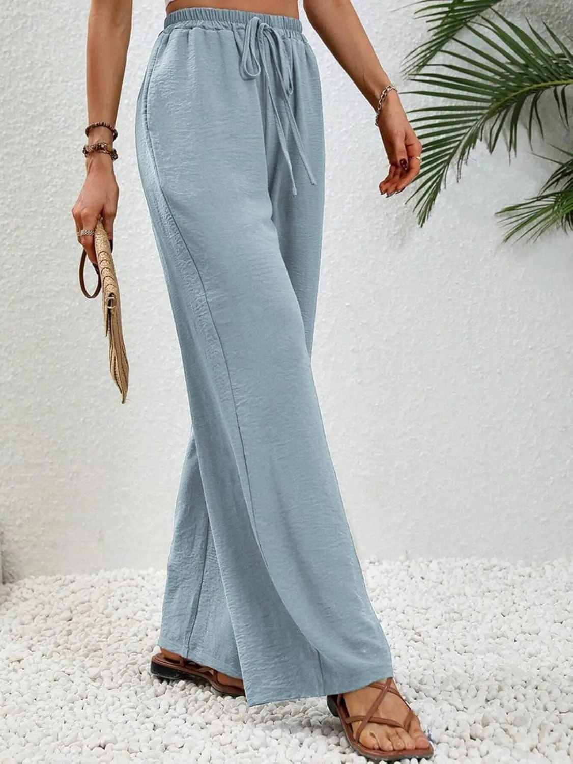 GUOLEZEEV Wide Leg Lounge Pants High Waisted Flowy Pants for Women Drawstring Palazzo Beach Pants with Pockets