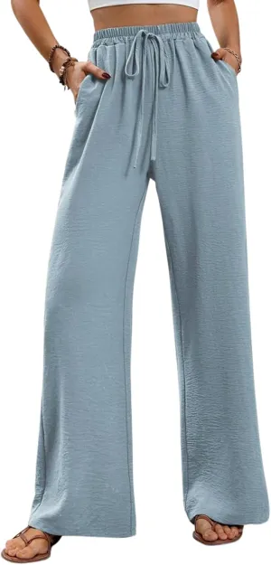 GUOLEZEEV Wide Leg Lounge Pants High Waisted Flowy Pants for Women Drawstring Palazzo Beach Pants with Pockets