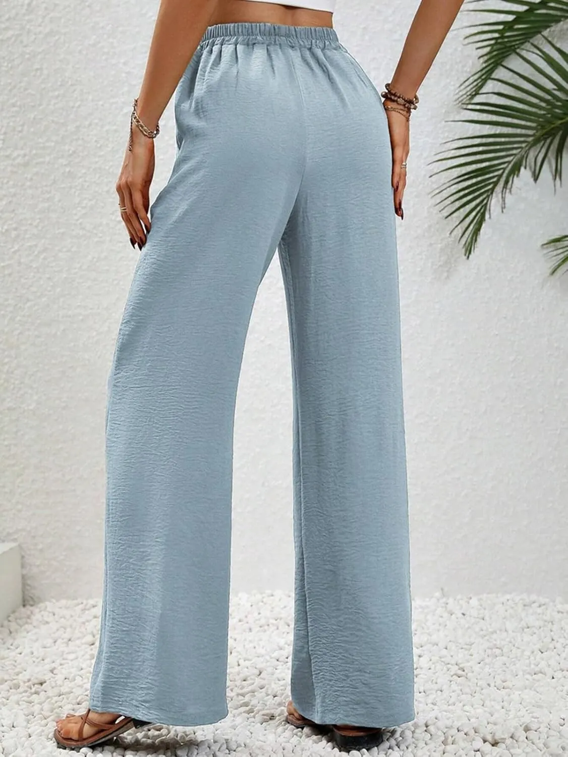 GUOLEZEEV Wide Leg Lounge Pants High Waisted Flowy Pants for Women Drawstring Palazzo Beach Pants with Pockets