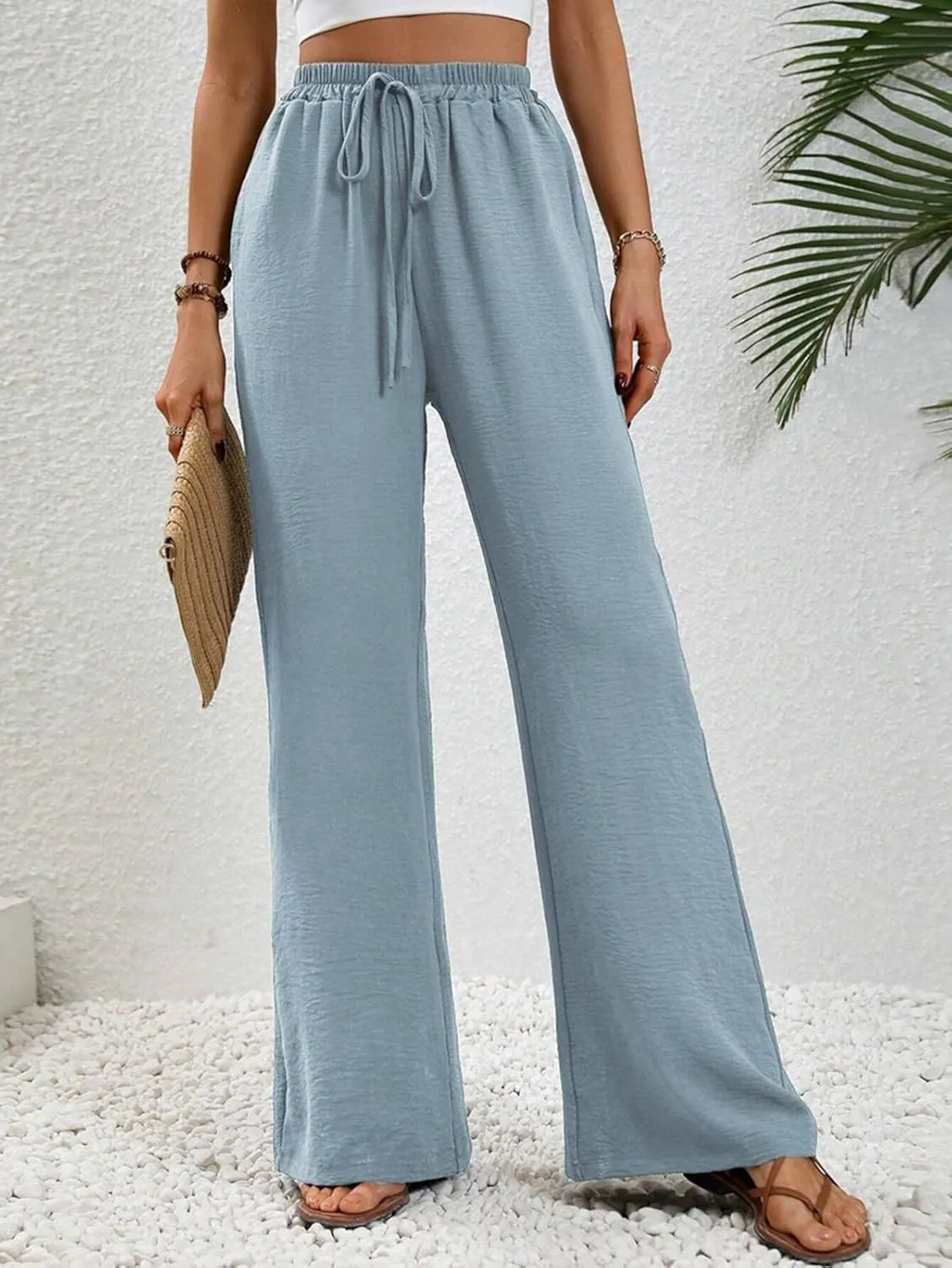 GUOLEZEEV Wide Leg Lounge Pants High Waisted Flowy Pants for Women Drawstring Palazzo Beach Pants with Pockets