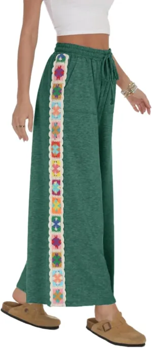 Haellun Womens Casual Comfy Pants High Waist Boho Wide Leg Cropped Palazzo Crochet Beach Pants with Pockets