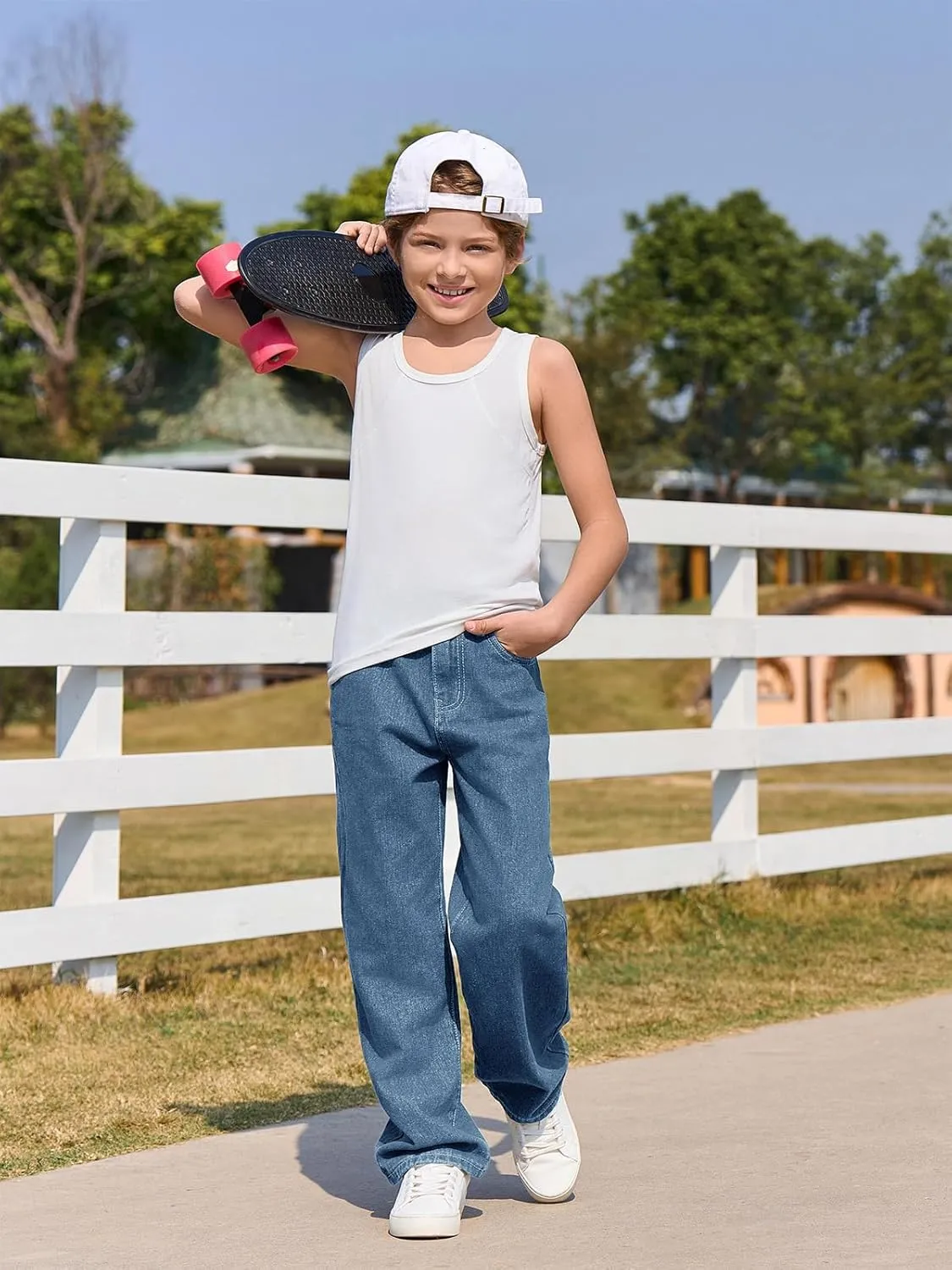 Haloumoning Boys Baggy Jeans Kids Casual Straight Leg Loose Fit Denim Pants with Pockets 5-14 Years