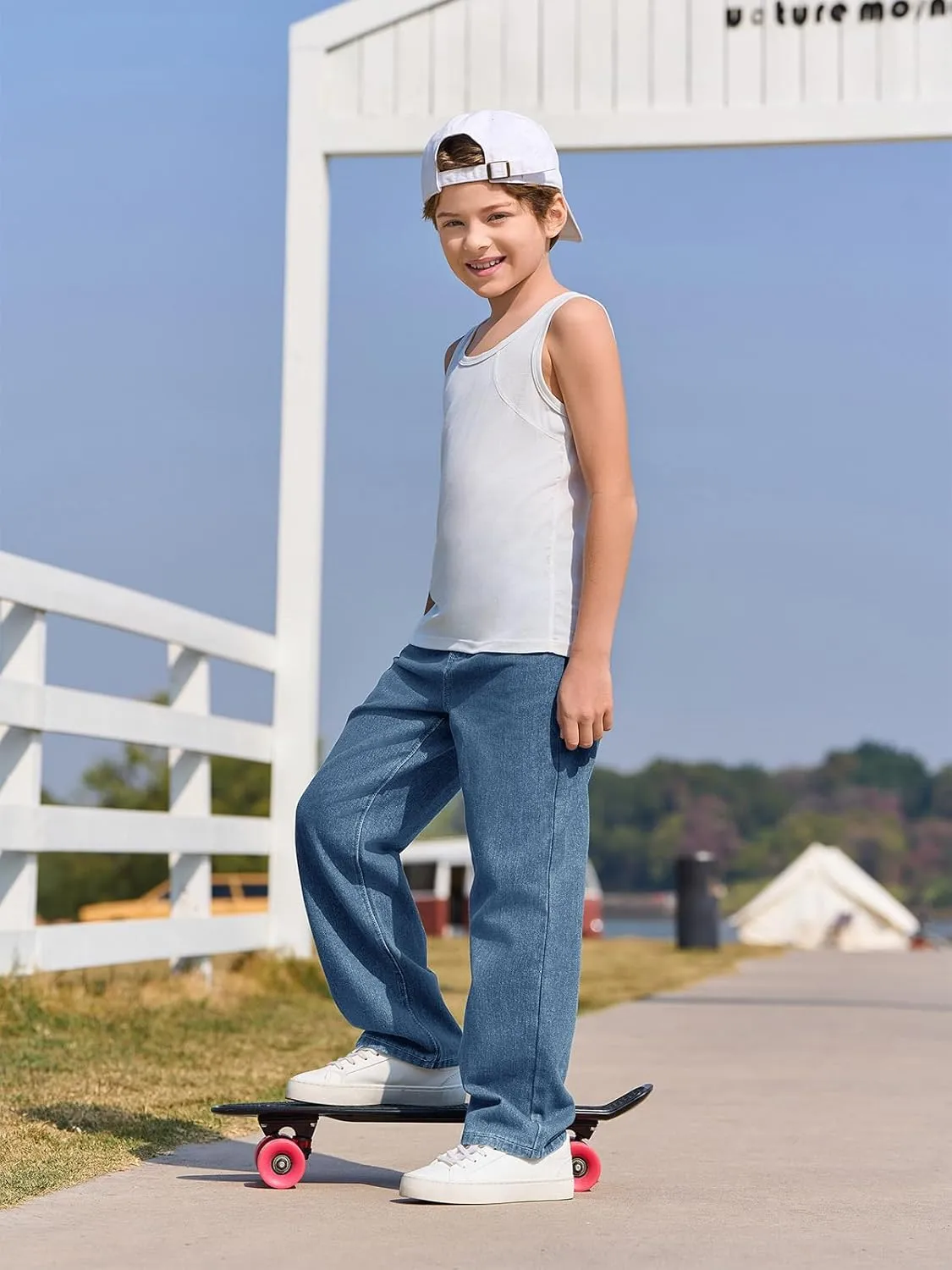 Haloumoning Boys Baggy Jeans Kids Casual Straight Leg Loose Fit Denim Pants with Pockets 5-14 Years