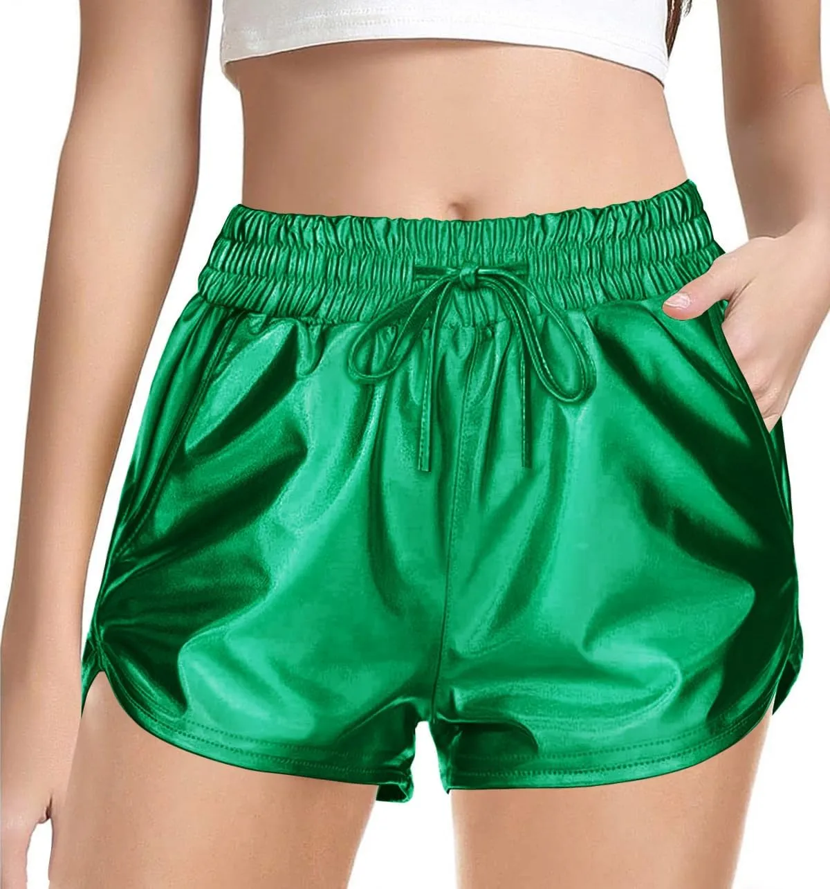 Haloumoning Girls Metallic Shorts Sparkly Dance Outfits Elastic Drawstring Shiny Hot Short Pants 5-14 Years