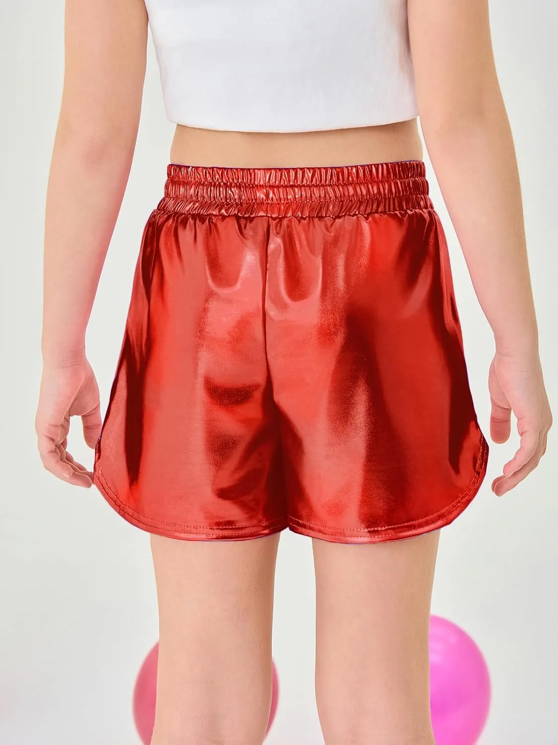 Haloumoning Girls Metallic Shorts Sparkly Dance Outfits Elastic Drawstring Shiny Hot Short Pants 5-14 Years