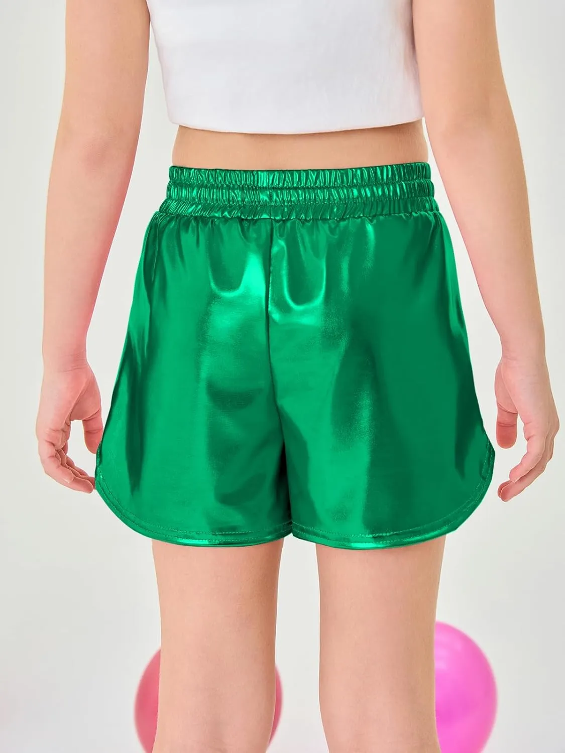 Haloumoning Girls Metallic Shorts Sparkly Dance Outfits Elastic Drawstring Shiny Hot Short Pants 5-14 Years