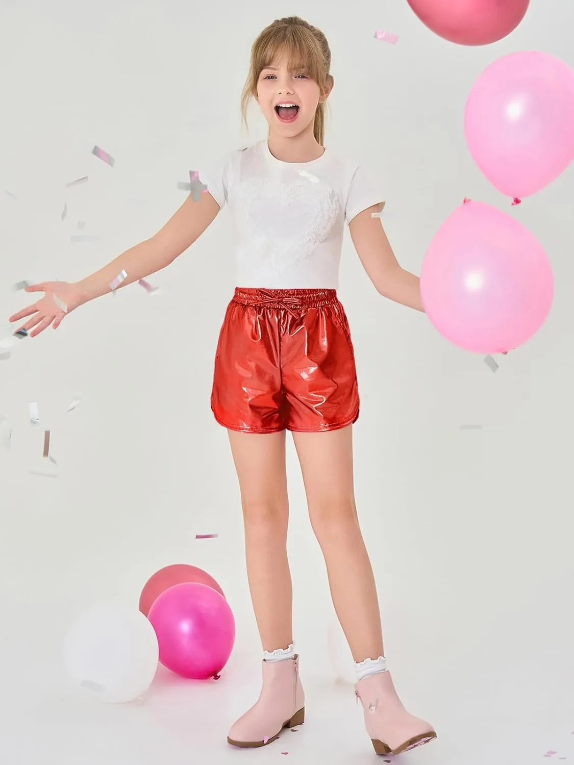 Haloumoning Girls Metallic Shorts Sparkly Dance Outfits Elastic Drawstring Shiny Hot Short Pants 5-14 Years